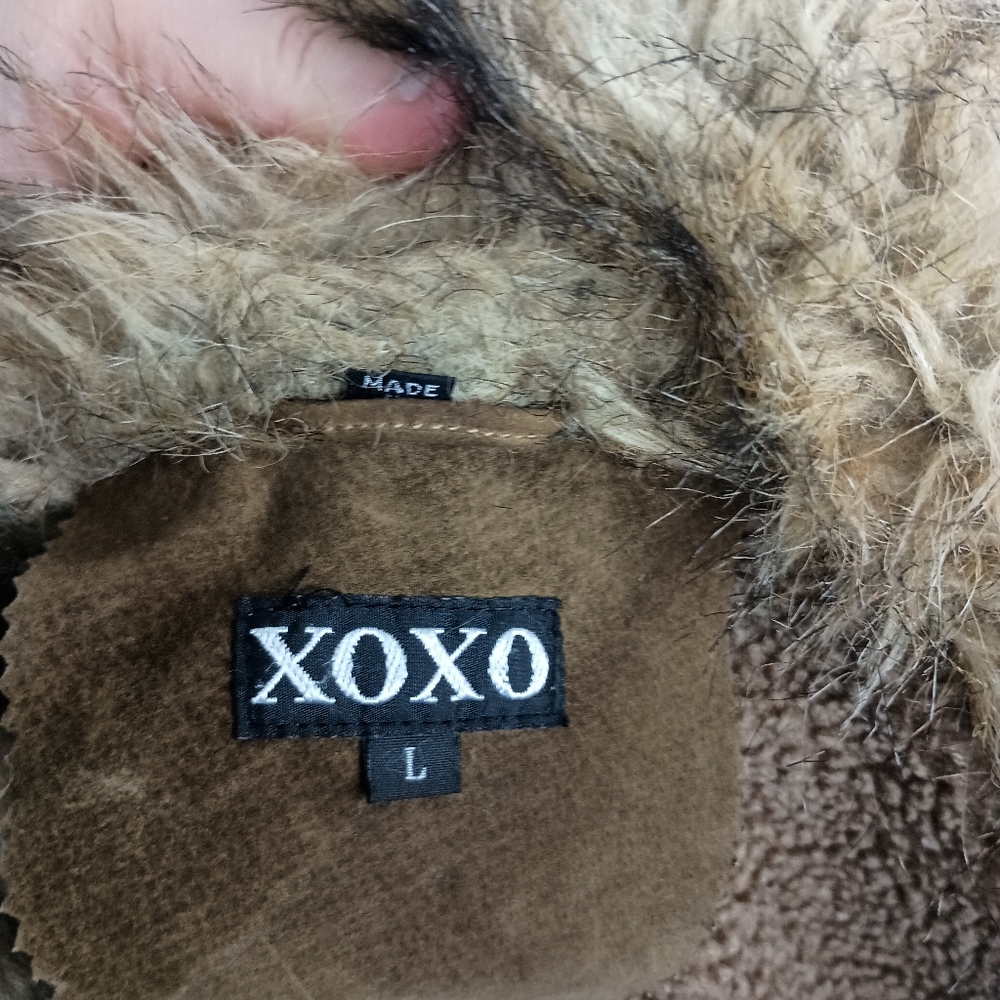 XOXO coatigan leather sherpa vintage brown Y2K‎  Winter Faux Fur Trimmed Jacket - Picture 2 of 12